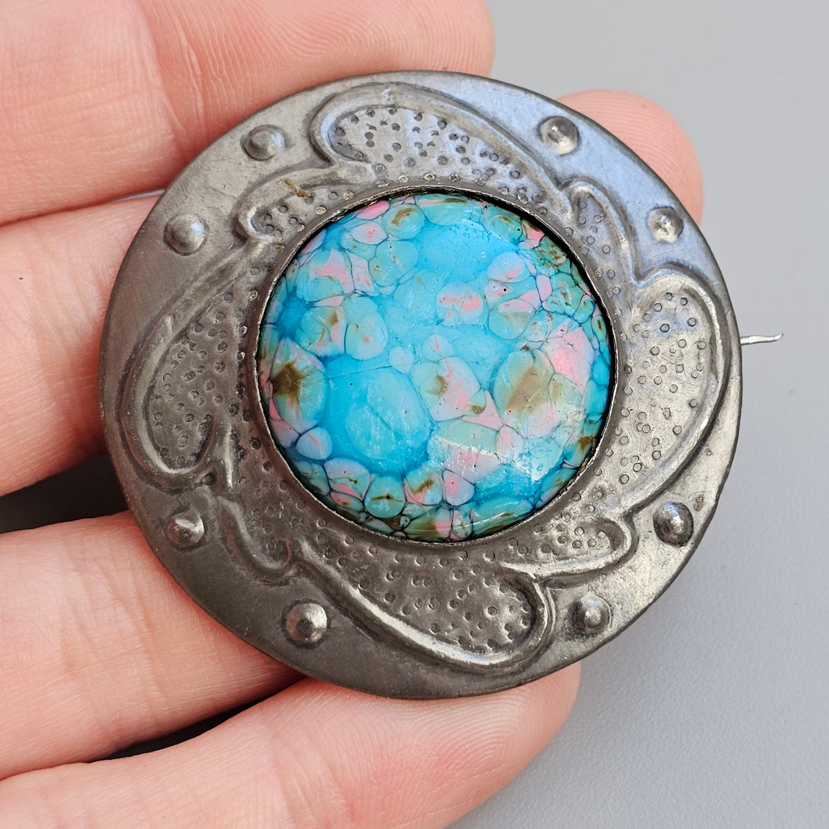 Antique Arts and Crafts Pewter Ruskin Style Blue Cabochon Brooch