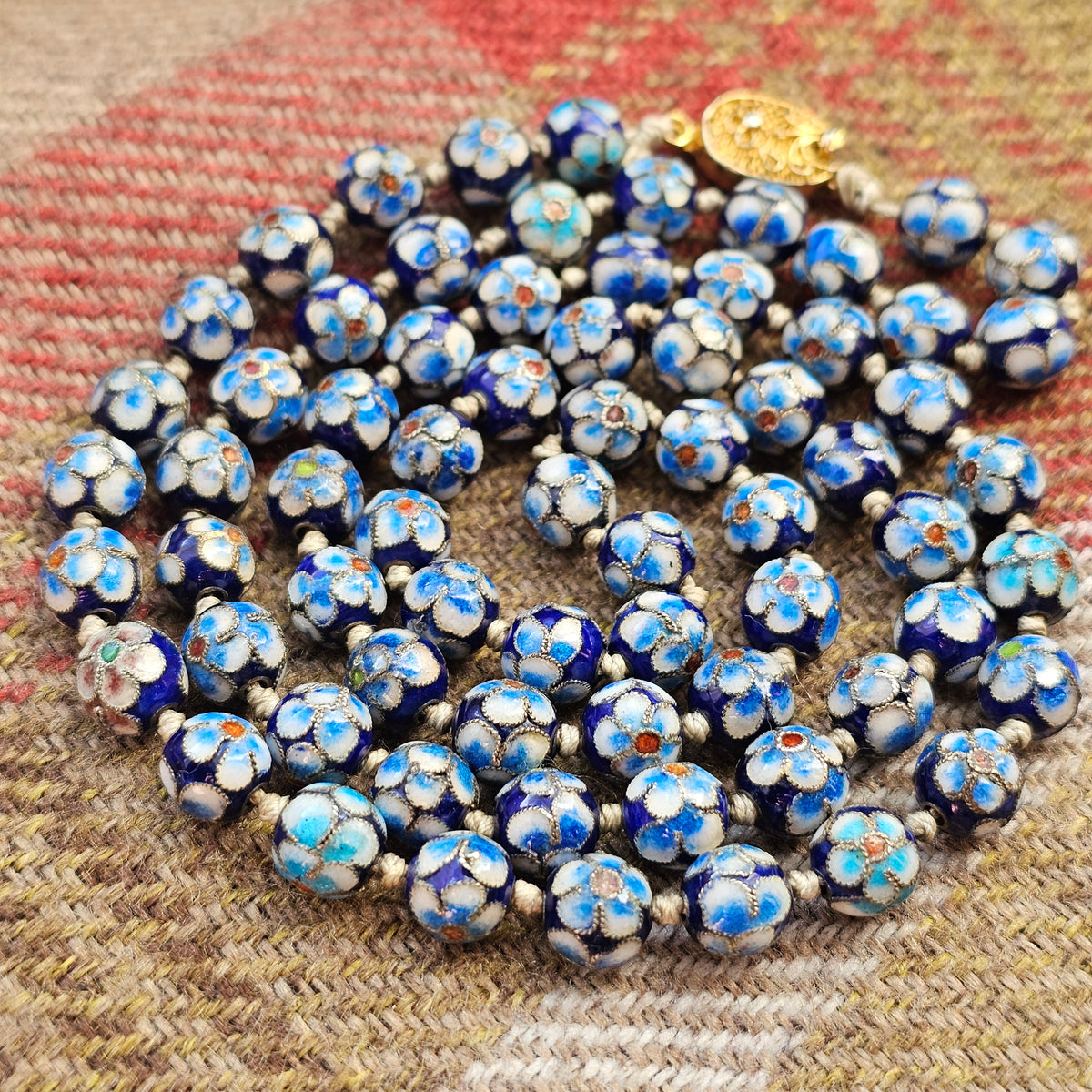 Vintage Chinese Cloisonne Enamel Floral Bead Necklace