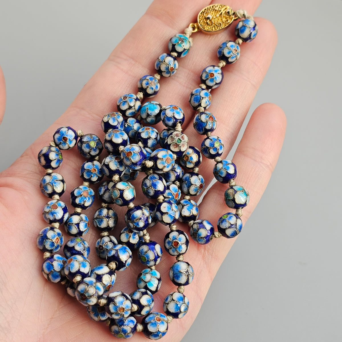 Vintage Chinese Cloisonne Enamel Floral Bead Necklace
