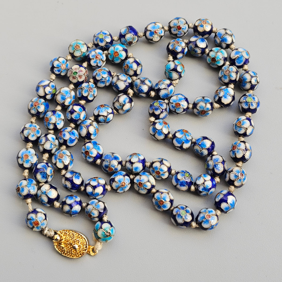 Vintage Chinese Cloisonne Enamel Floral Bead Necklace