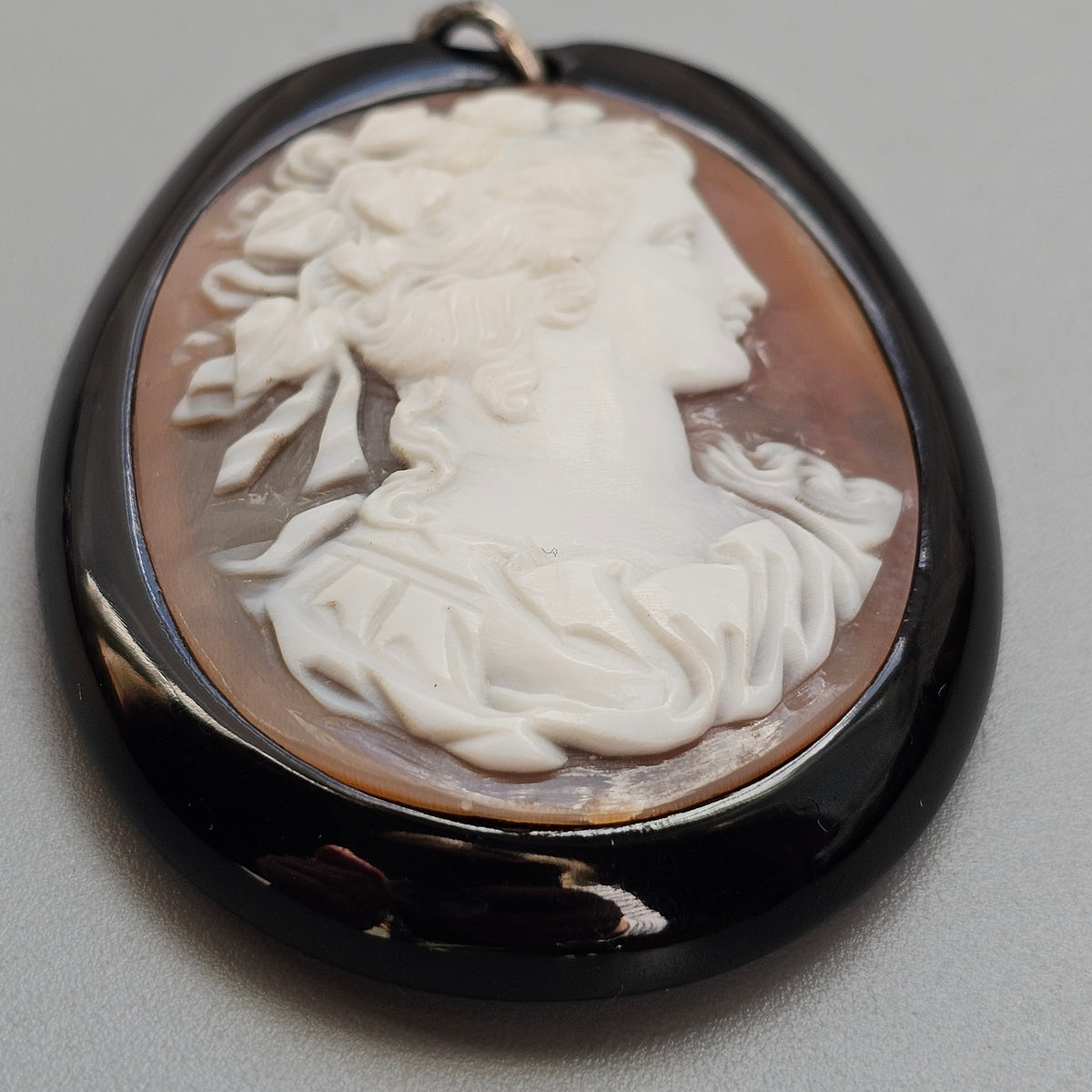 Antique Victorian Whitby Jet Carved Shell Cameo Pendant