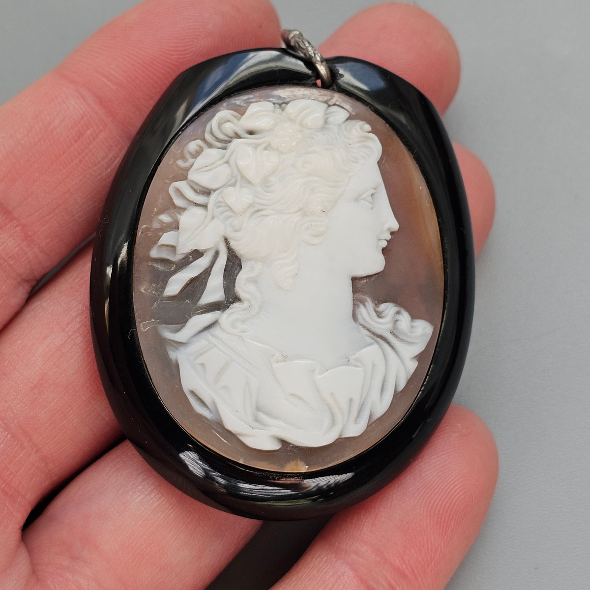 Antique Victorian Whitby Jet Carved Shell Cameo Pendant