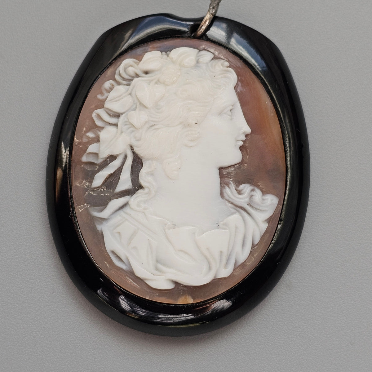 Antique Victorian Whitby Jet Carved Shell Cameo Pendant