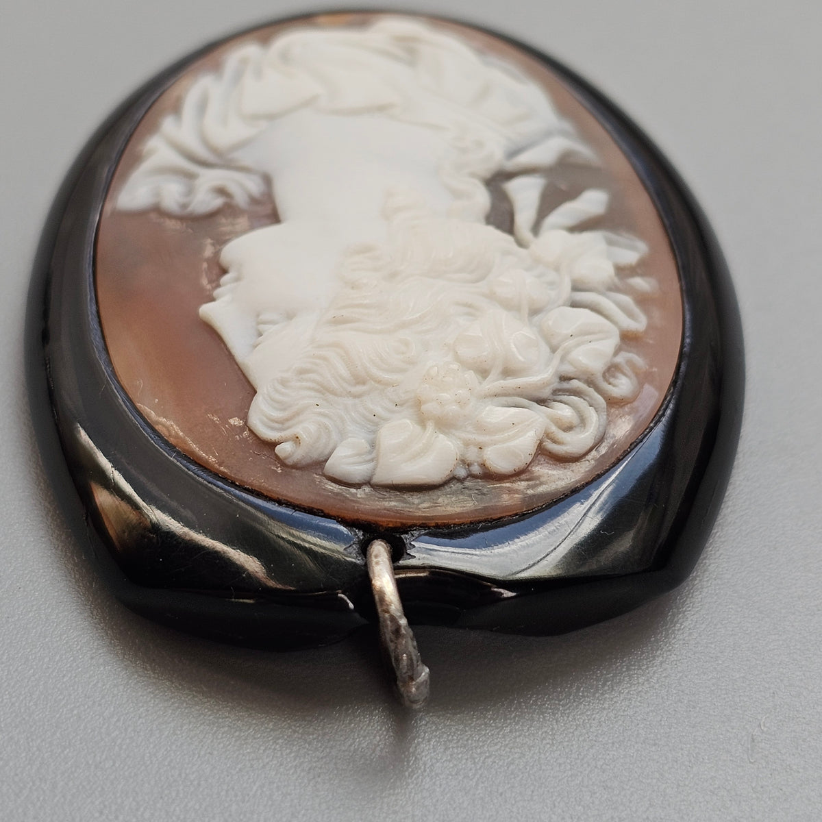 Antique Victorian Whitby Jet Carved Shell Cameo Pendant