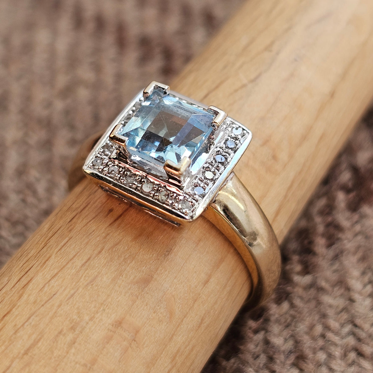 Contemporary Art Deco Style 9ct Gold Blue Topaz Diamond Cluster Ring