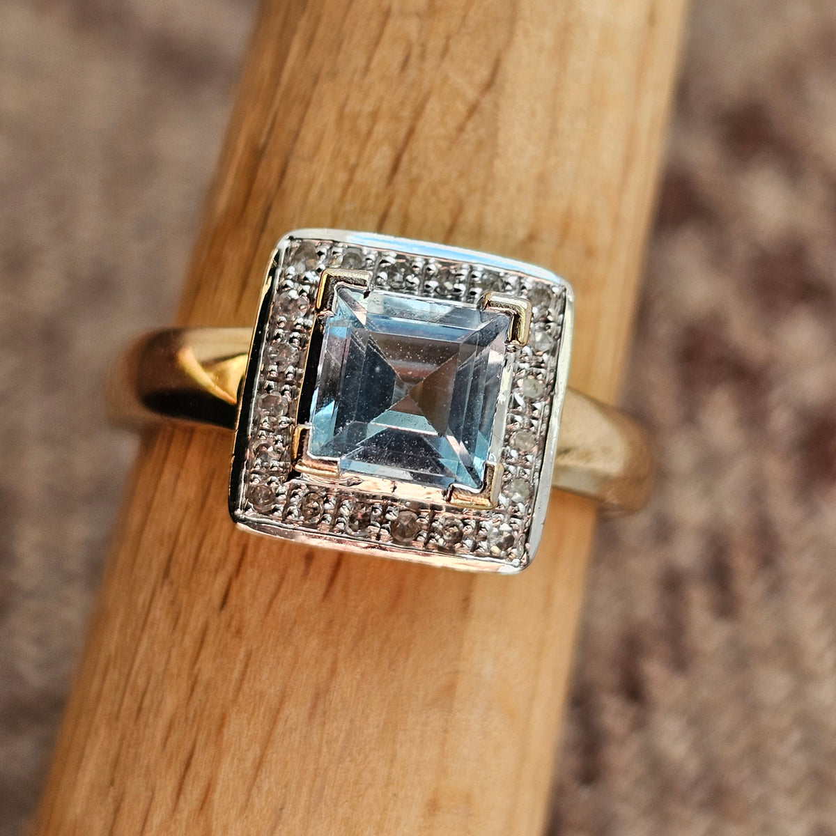 Contemporary Art Deco Style 9ct Gold Blue Topaz Diamond Cluster Ring