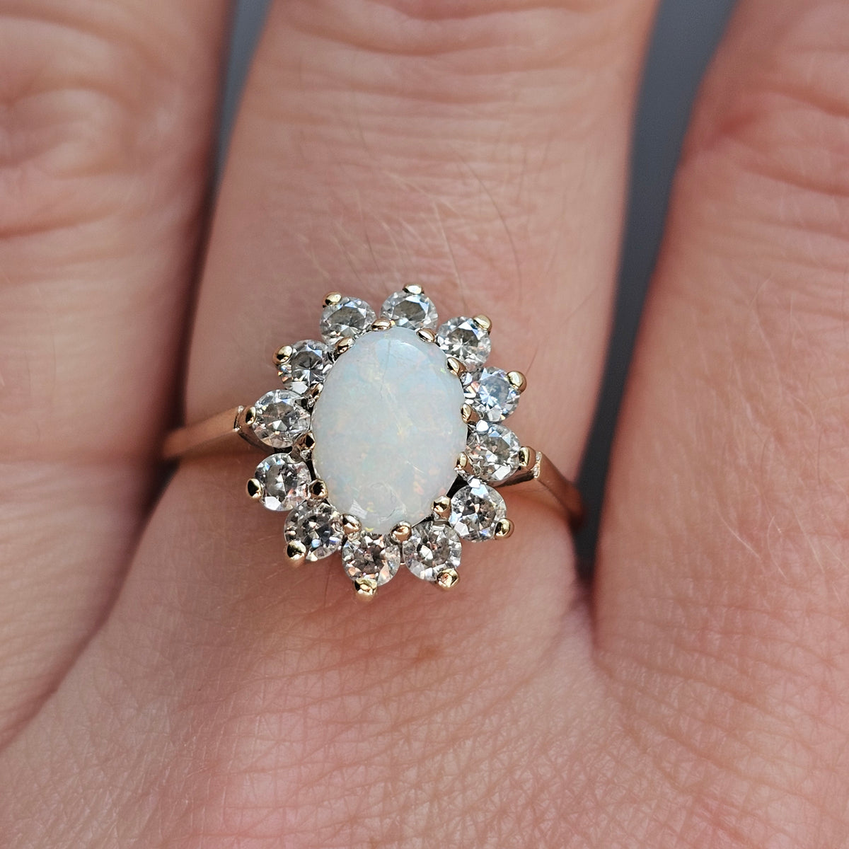 Vintage 1980s 9ct Gold Opal Cubic Zirconia Halo Cluster Ring
