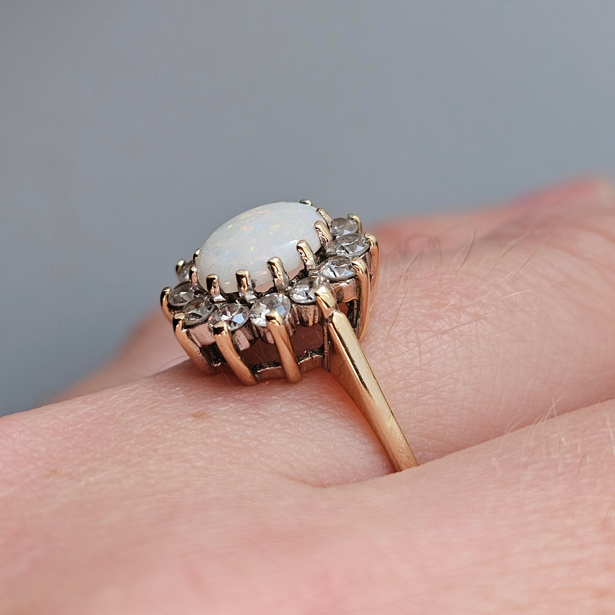 Vintage 1980s 9ct Gold Opal Cubic Zirconia Halo Cluster Ring