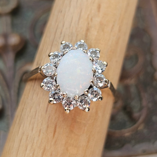 Vintage 1980s 9ct Gold Opal Cubic Zirconia Halo Cluster Ring