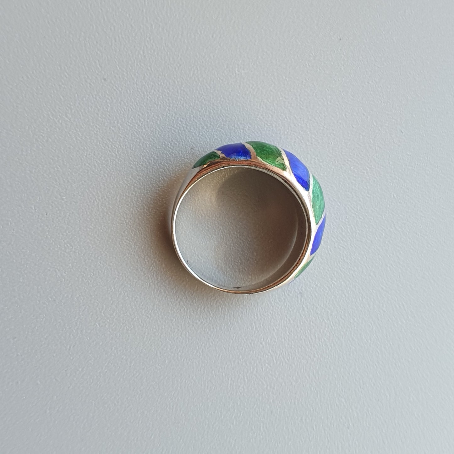 Vintage Sterling Silver, Green & Blue Enamel Ring