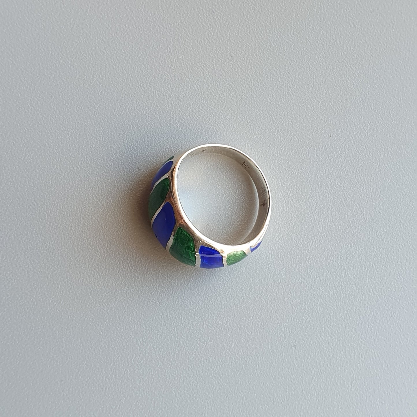 Vintage Sterling Silver, Green & Blue Enamel Ring