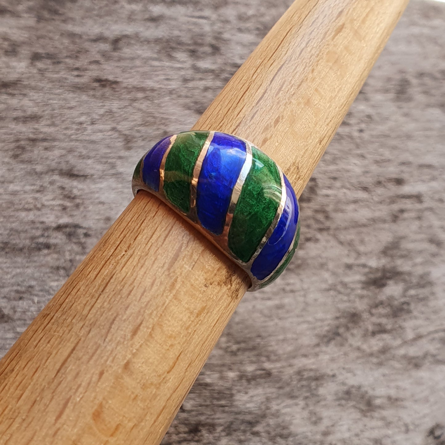 Vintage Sterling Silver, Green & Blue Enamel Ring