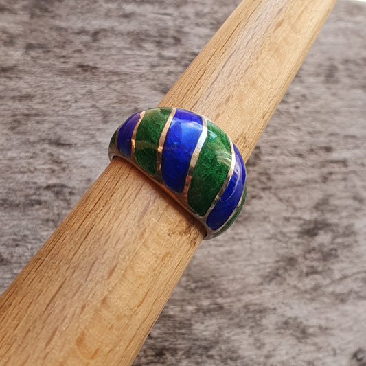Vintage Sterling Silver, Green & Blue Enamel Ring