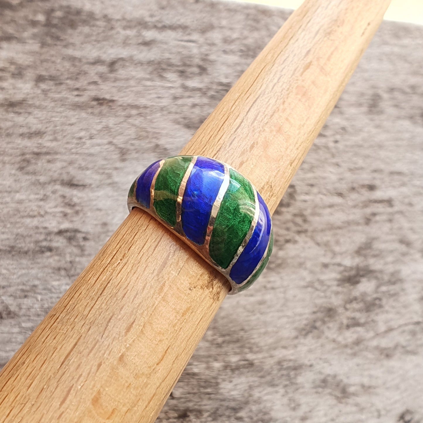 Vintage Sterling Silver, Green & Blue Enamel Ring