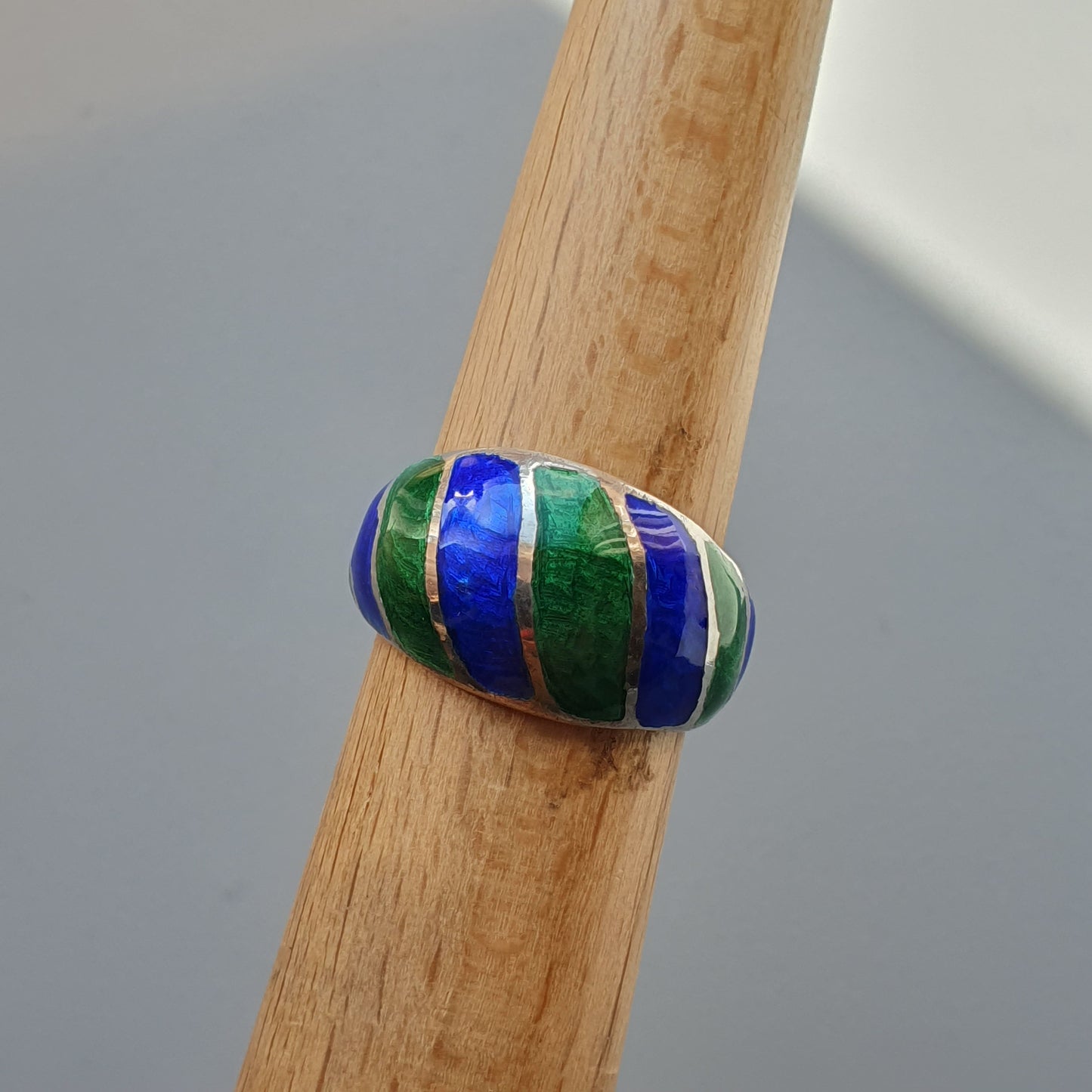 Vintage Sterling Silver, Green & Blue Enamel Ring