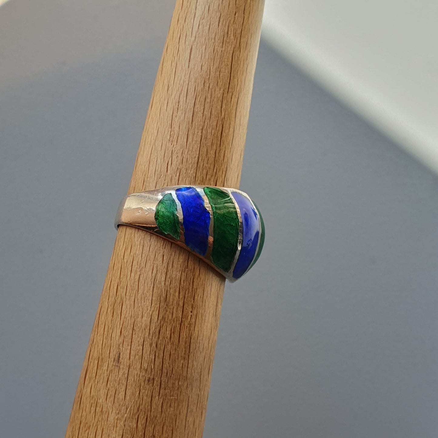 Vintage Sterling Silver, Green & Blue Enamel Ring