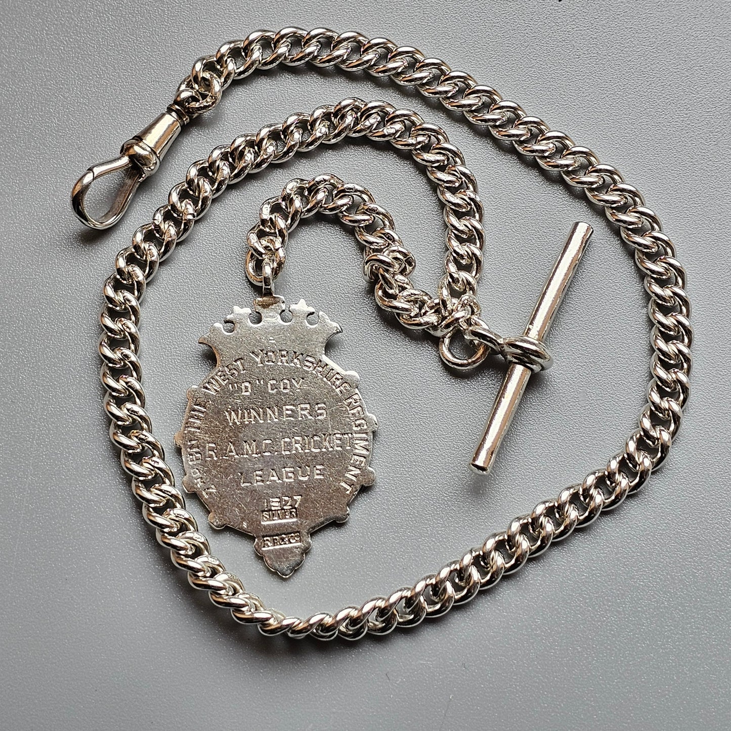 Antique Vintage Sterling Silver Pocket Watch Chain THE West YORKSHIRE REGIMENT interest