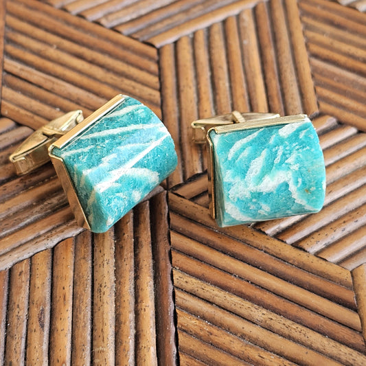 Chunky Mid Century Modern Vintage Soviet 875 Gilt Silver & Amazonite Cufflinks