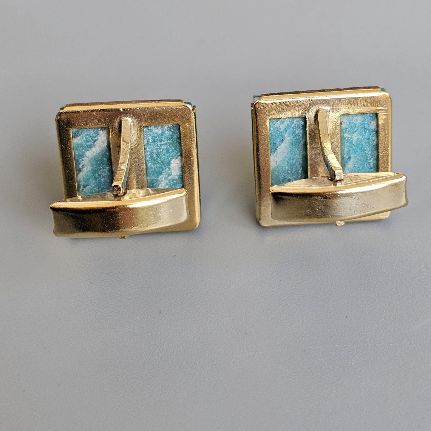 Chunky Mid Century Modern Vintage Soviet 875 Gilt Silver & Amazonite Cufflinks