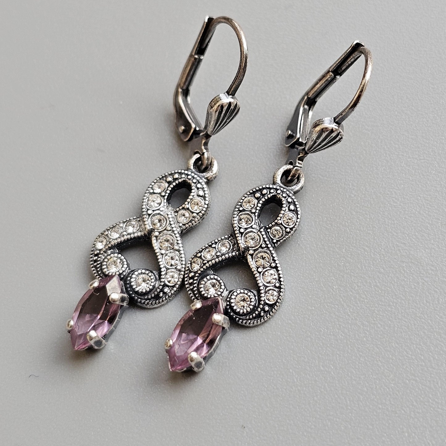 Victorian Style Silver & Amethyst Purple and Clear Crystal Earrings by Cavendish French