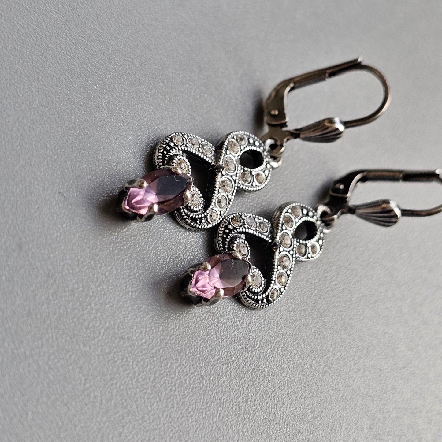 Victorian Style Silver & Amethyst Purple and Clear Crystal Earrings by Cavendish French