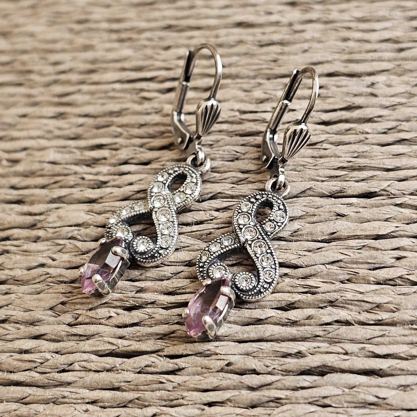 Victorian Style Silver & Amethyst Purple and Clear Crystal Earrings by Cavendish French