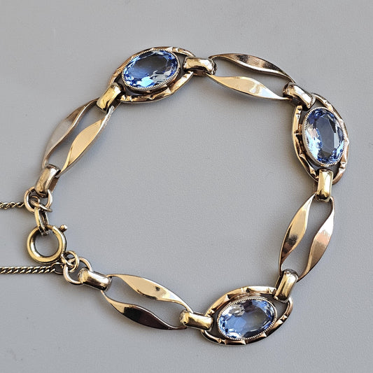Vintage Art Deco to Midcentury Modern Electroplated Gold Tone & Blue Glass Chain Link Bracelet