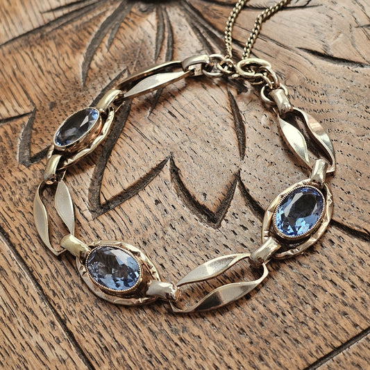 Vintage Art Deco to Midcentury Modern Electroplated Gold Tone & Blue Glass Chain Link Bracelet