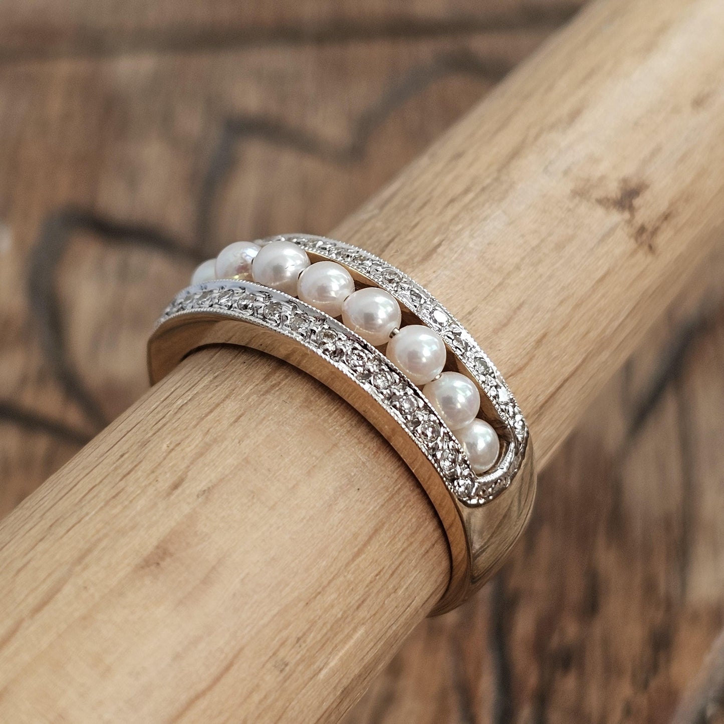 Vintage 14ct Yellow Gold Pearl and Diamond Ring – Bill Blass Design, Art Deco Revival Band, Franklin Mint London Hallmarked