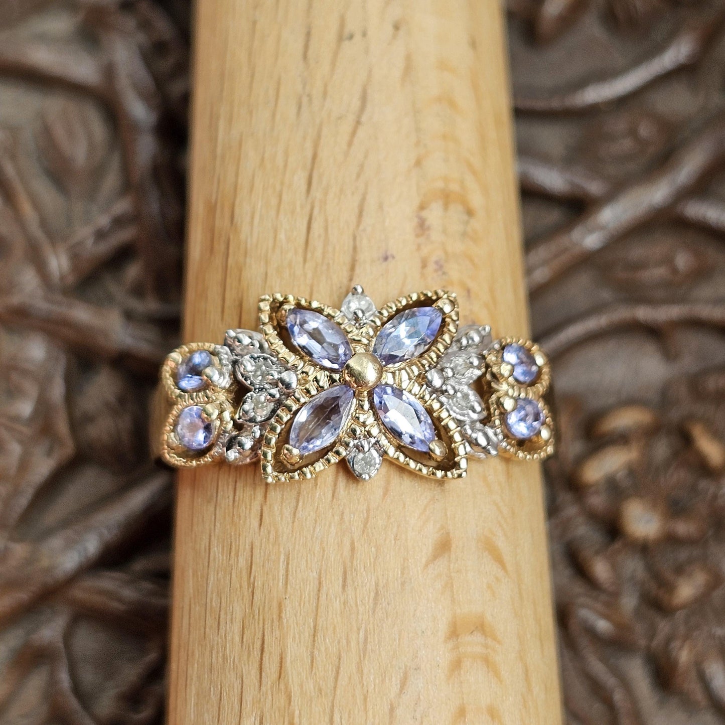 9ct Yellow Gold Tanzanite Diamond Flower Ring - UK Size P / US 7.75