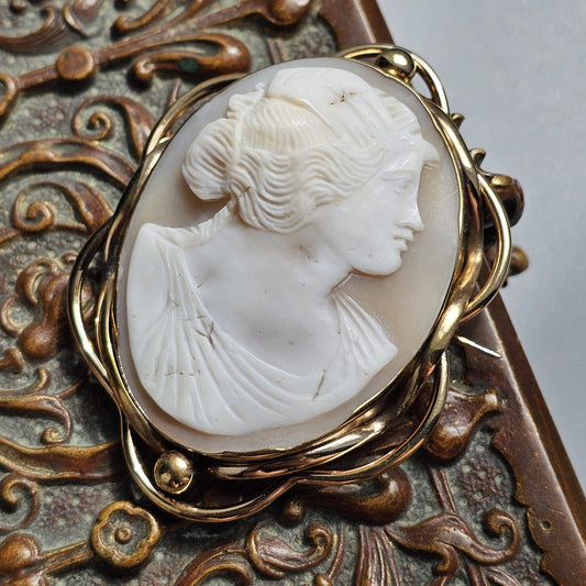 Antique Large Gold Tone Shell Cameo Brooch with Greek/Roman Goddess - Victorian Era