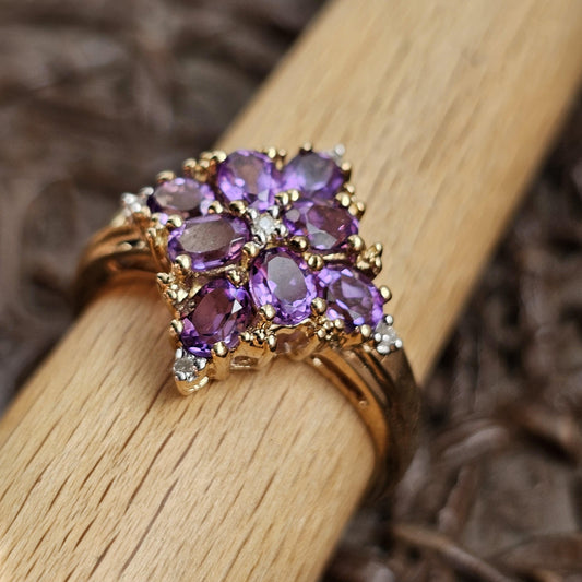 9ct Yellow Gold Amethyst Diamond Cluster Ring - UK Size P 1/2