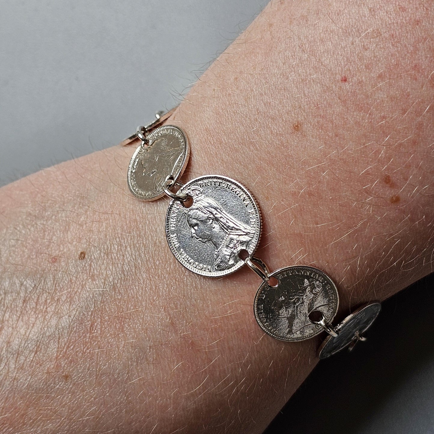 Antique Victorian Silver Coin Bracelet Made from Threepence and Sixpence Coins (1880s–1890s)