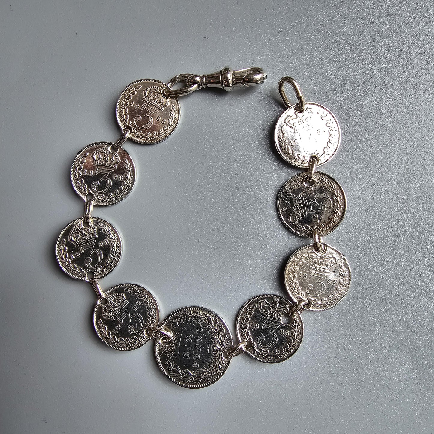Antique Victorian Silver Coin Bracelet Made from Threepence and Sixpence Coins (1880s–1890s)