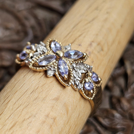 9ct Yellow Gold Tanzanite Diamond Flower Ring - UK Size P / US 7.75