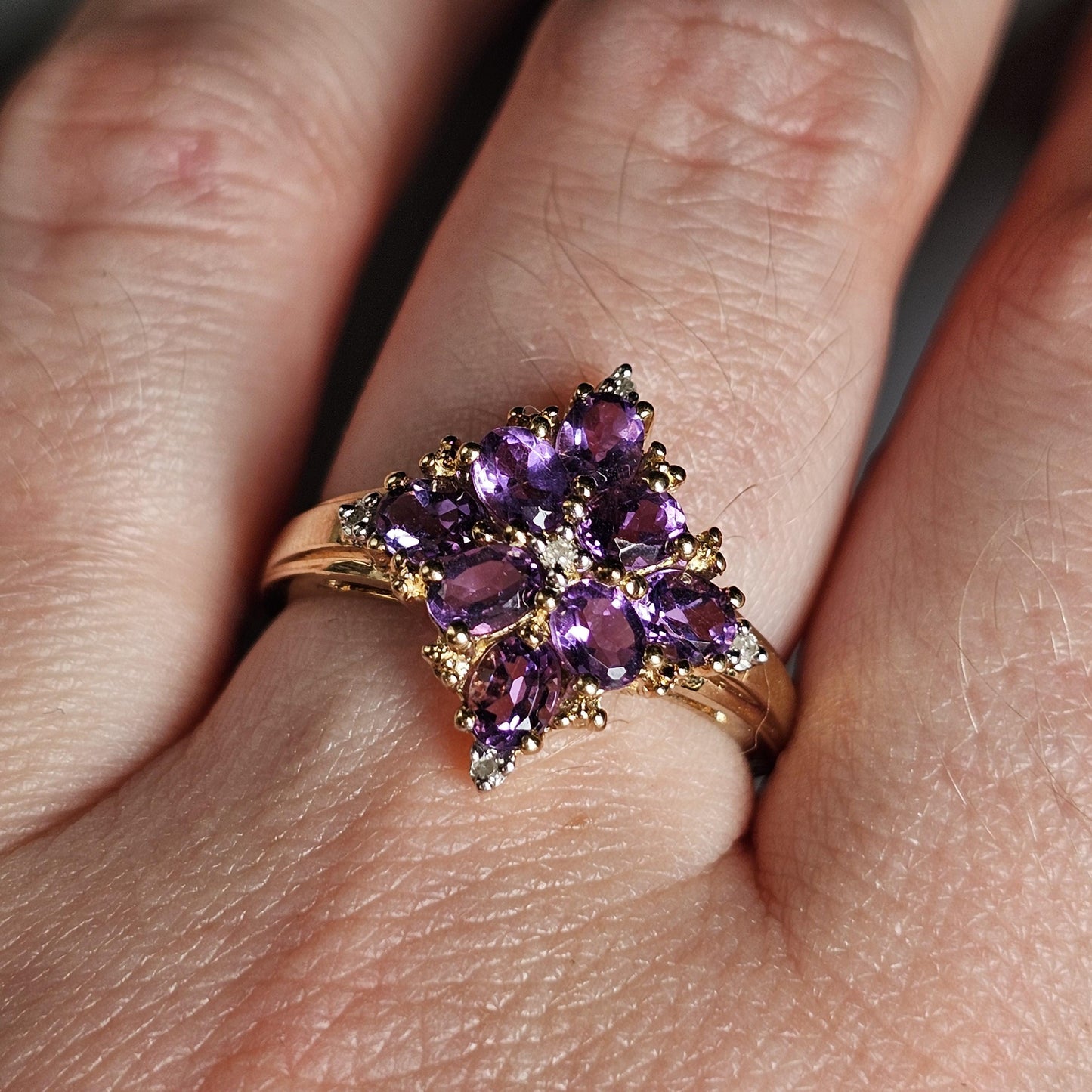 9ct Yellow Gold Amethyst Diamond Cluster Ring - UK Size P 1/2