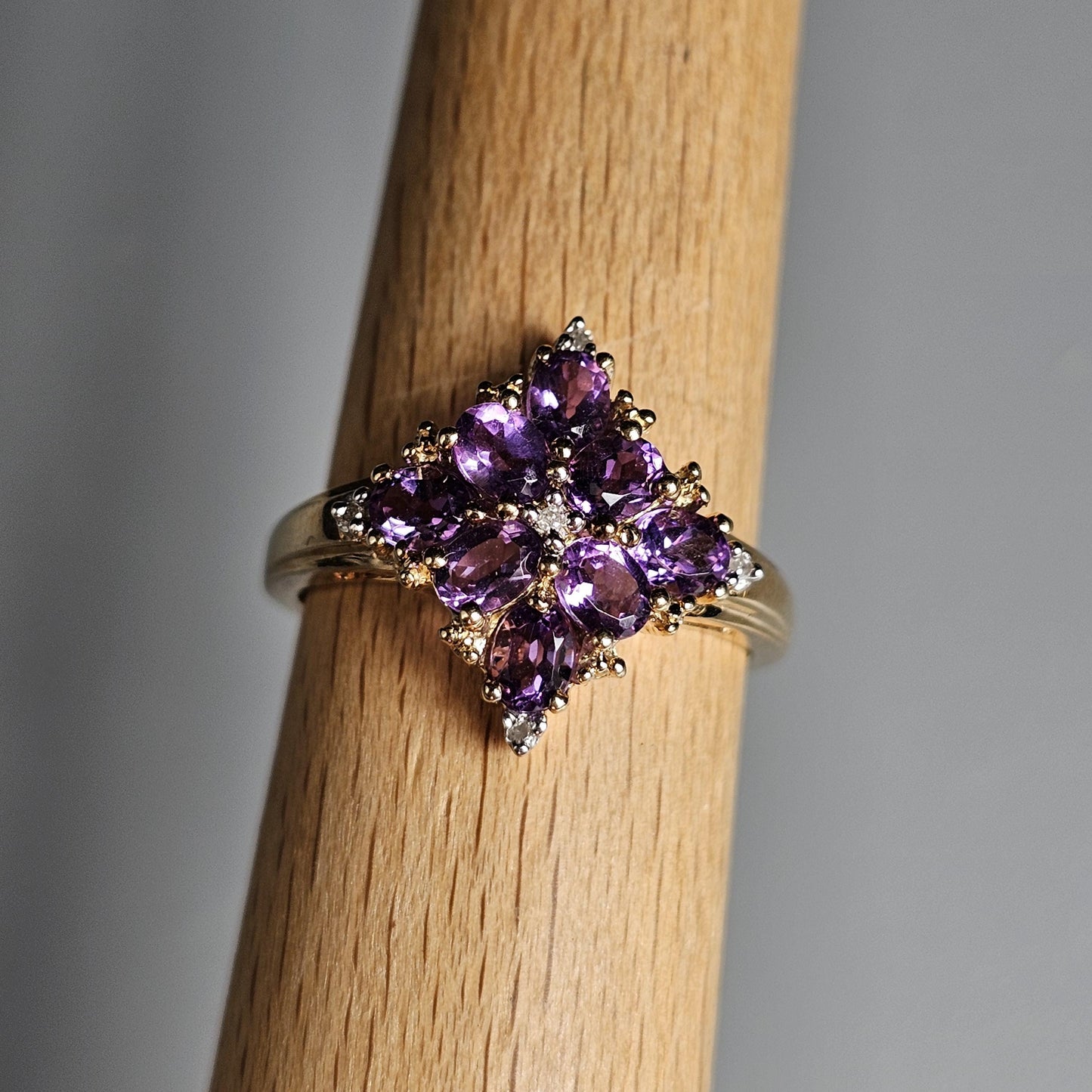 9ct Yellow Gold Amethyst Diamond Cluster Ring - UK Size P 1/2