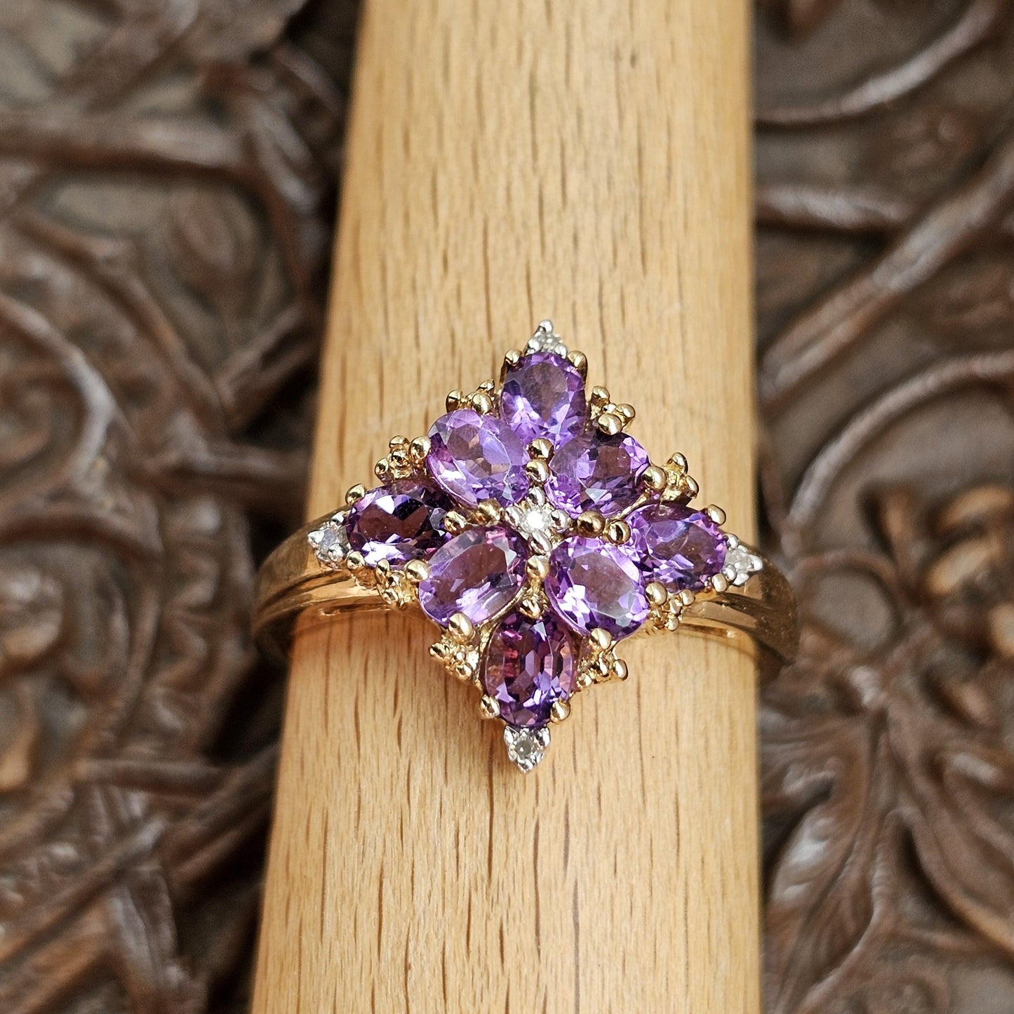 9ct Yellow Gold Amethyst Diamond Cluster Ring - UK Size P 1/2